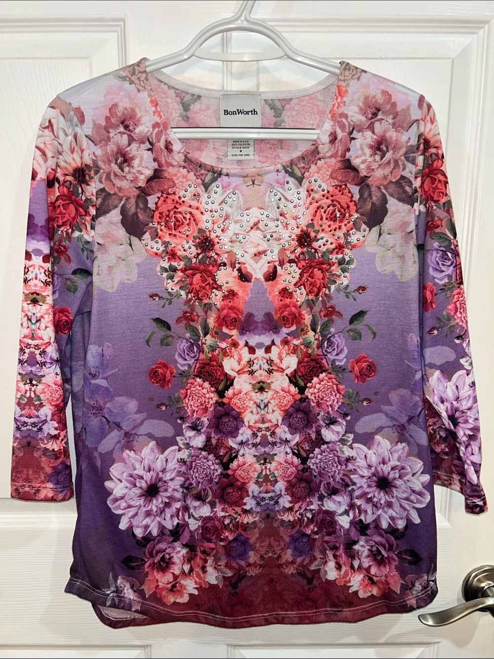 BonWorth Purple Floral Rhinestone-Embellished 3/4 Long Sleeve Tee